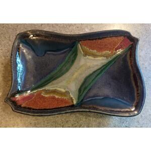 Studio Glazed Art Pottery Serving Dish Bow Tie Shape Blue Brown 9 x 5.5 x 1.75